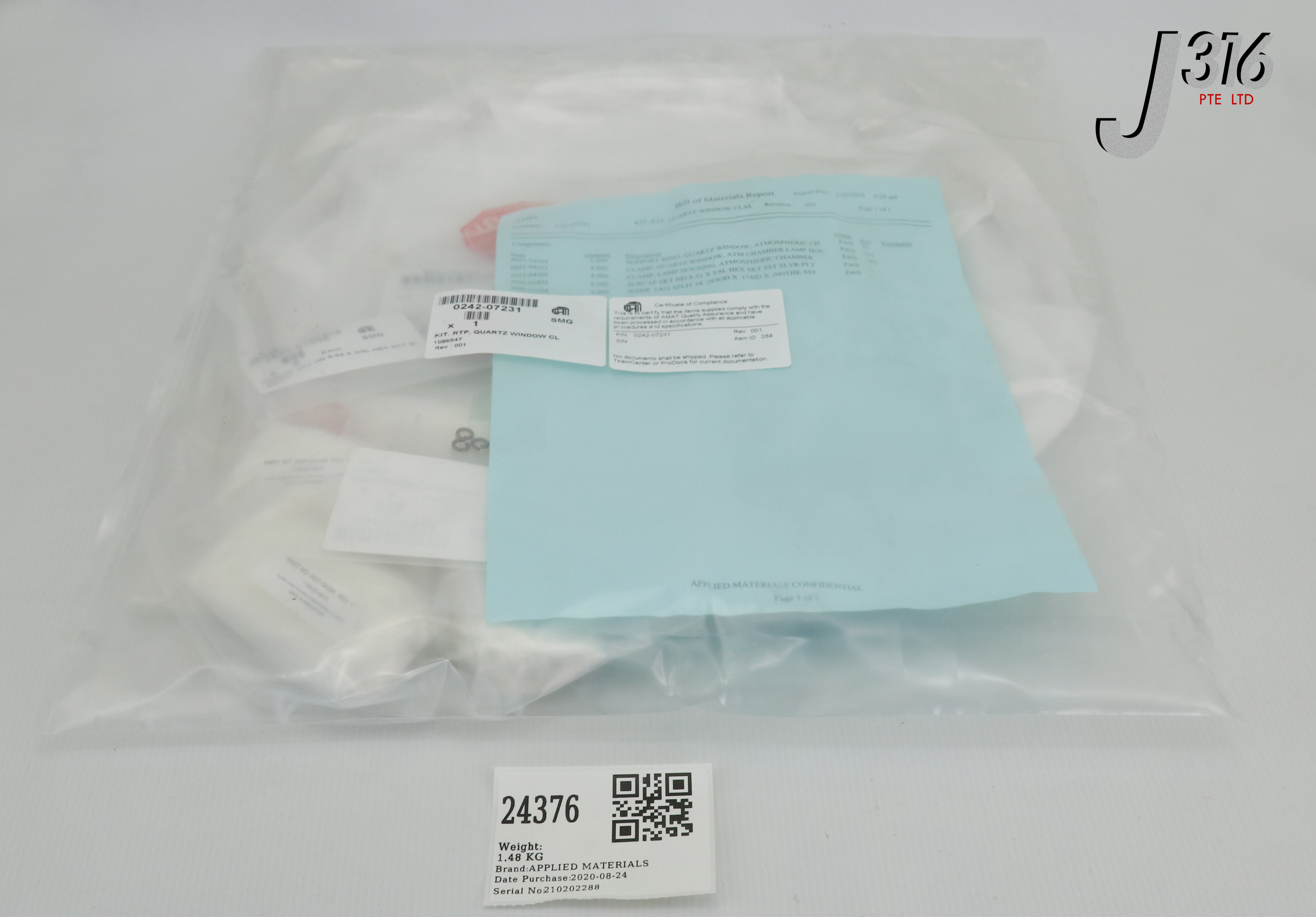 Summer　SALE　① 24376 APPLIED MATERIALS KIT, RTP, QUARTZ WINDOW CLAMP, UPGRADGE